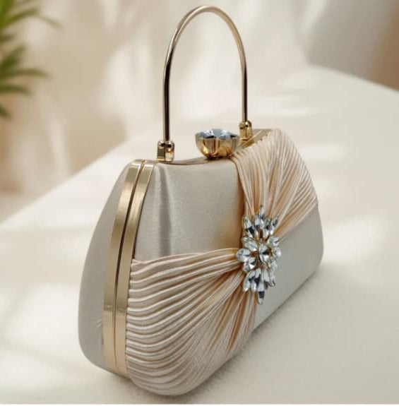 Luxury Satin Pleated Party Wear Clutch with Crystal Brooch & Metal Handle