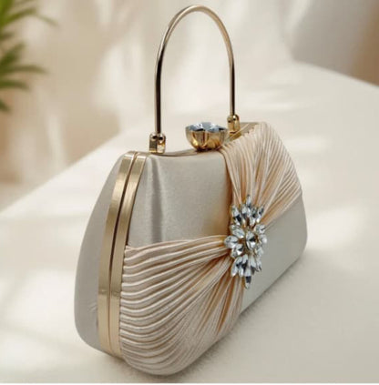 Luxury Satin Pleated Party Wear Clutch with Crystal Brooch & Metal Handle