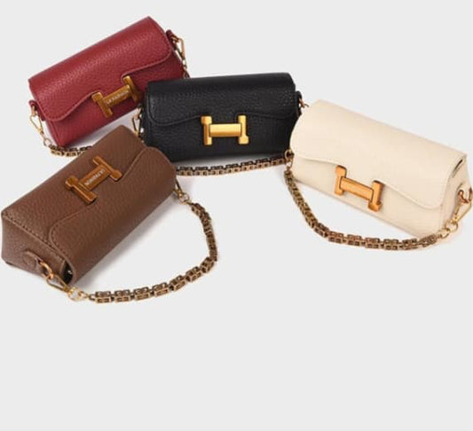 Luxury Textured Leather Sling Bag for Women - Trendy Small Crossbody Handbag with Designer Gold Chain & "H" Buckle