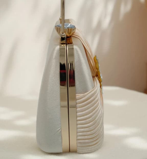 Luxury Satin Pleated Party Wear Clutch with Crystal Brooch & Metal Handle