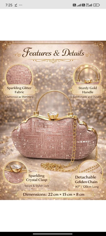 Luxury Pink Glitter Party Wear Clutch for Women - Elegant Bridal Handbag with Golden Handle