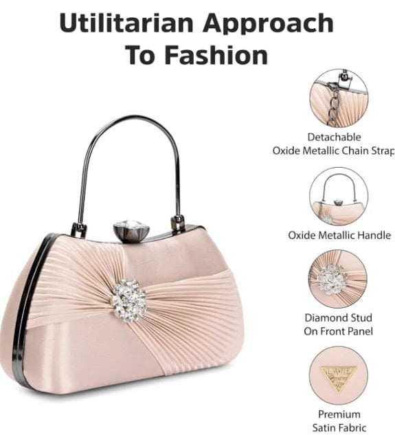 Luxury Satin Pleated Party Wear Clutch with Crystal Brooch & Metal Handle