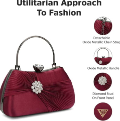 Luxury Satin Pleated Party Wear Clutch with Crystal Brooch & Metal Handle