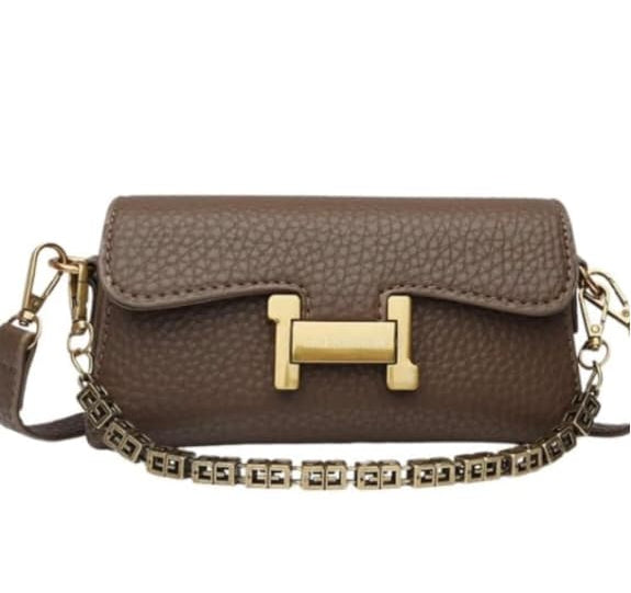 Luxury Textured Leather Sling Bag for Women - Trendy Small Crossbody Handbag with Designer Gold Chain & "H" Buckle