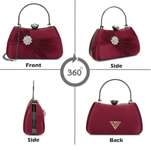 Luxury Satin Pleated Party Wear Clutch with Crystal Brooch & Metal Handle