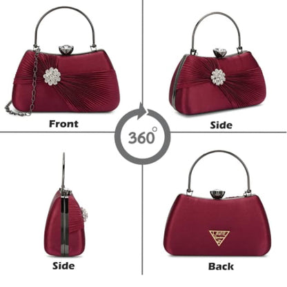 Luxury Satin Pleated Party Wear Clutch with Crystal Brooch & Metal Handle