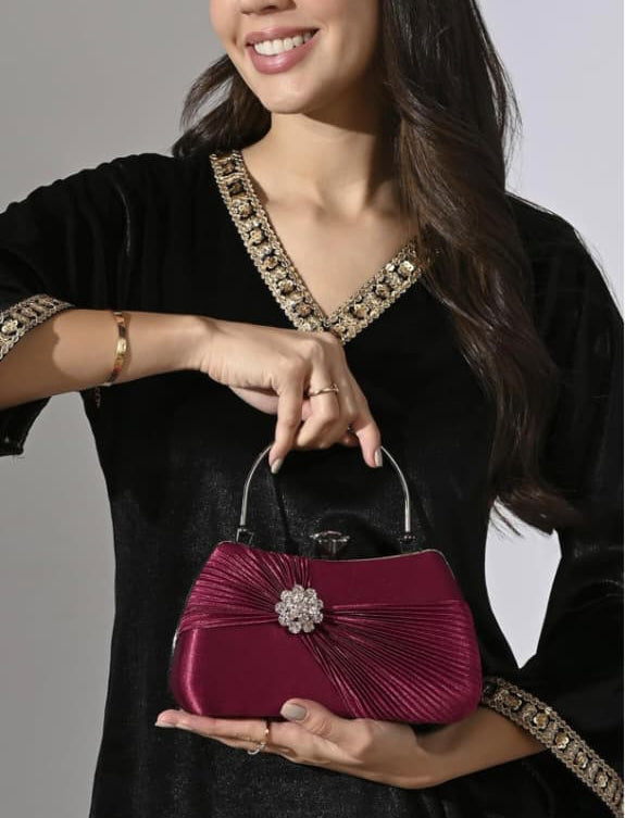 Luxury Satin Pleated Party Wear Clutch with Crystal Brooch & Metal Handle
