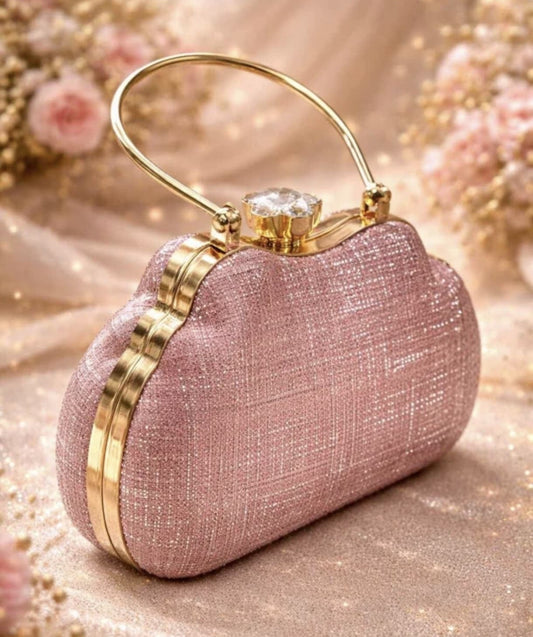 Luxury Pink Glitter Party Wear Clutch for Women - Elegant Bridal Handbag with Golden Handle