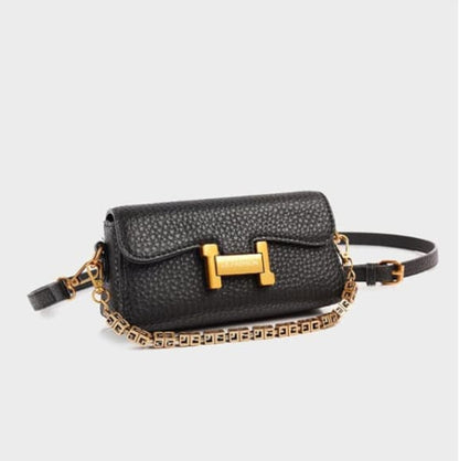 Luxury Textured Leather Sling Bag for Women - Trendy Small Crossbody Handbag with Designer Gold Chain & "H" Buckle
