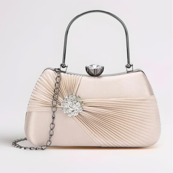 Luxury Satin Pleated Party Wear Clutch with Crystal Brooch & Metal Handle