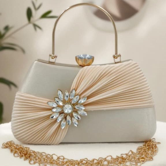Luxury Satin Pleated Party Wear Clutch with Crystal Brooch & Metal Handle