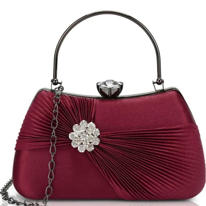 Luxury Satin Pleated Party Wear Clutch with Crystal Brooch & Metal Handle