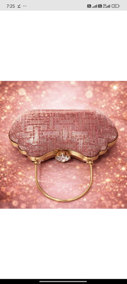 Luxury Pink Glitter Party Wear Clutch for Women - Elegant Bridal Handbag with Golden Handle