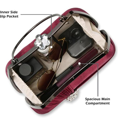 Luxury Satin Pleated Party Wear Clutch with Crystal Brooch & Metal Handle