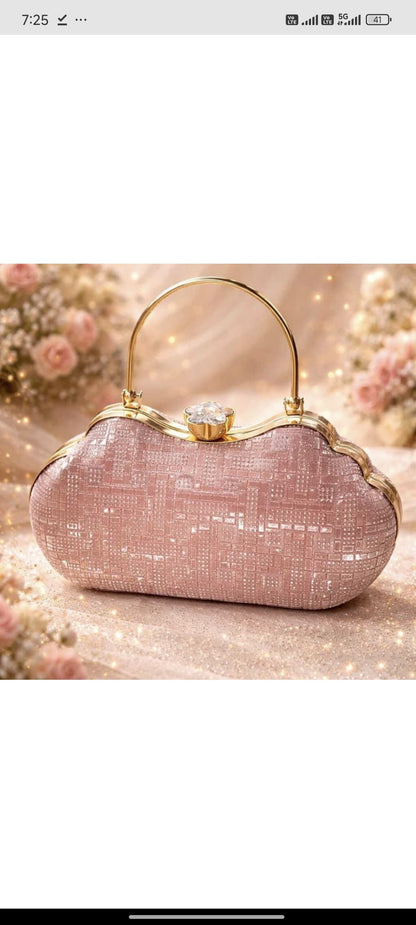 Luxury Pink Glitter Party Wear Clutch for Women - Elegant Bridal Handbag with Golden Handle