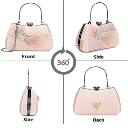 Luxury Satin Pleated Party Wear Clutch with Crystal Brooch & Metal Handle