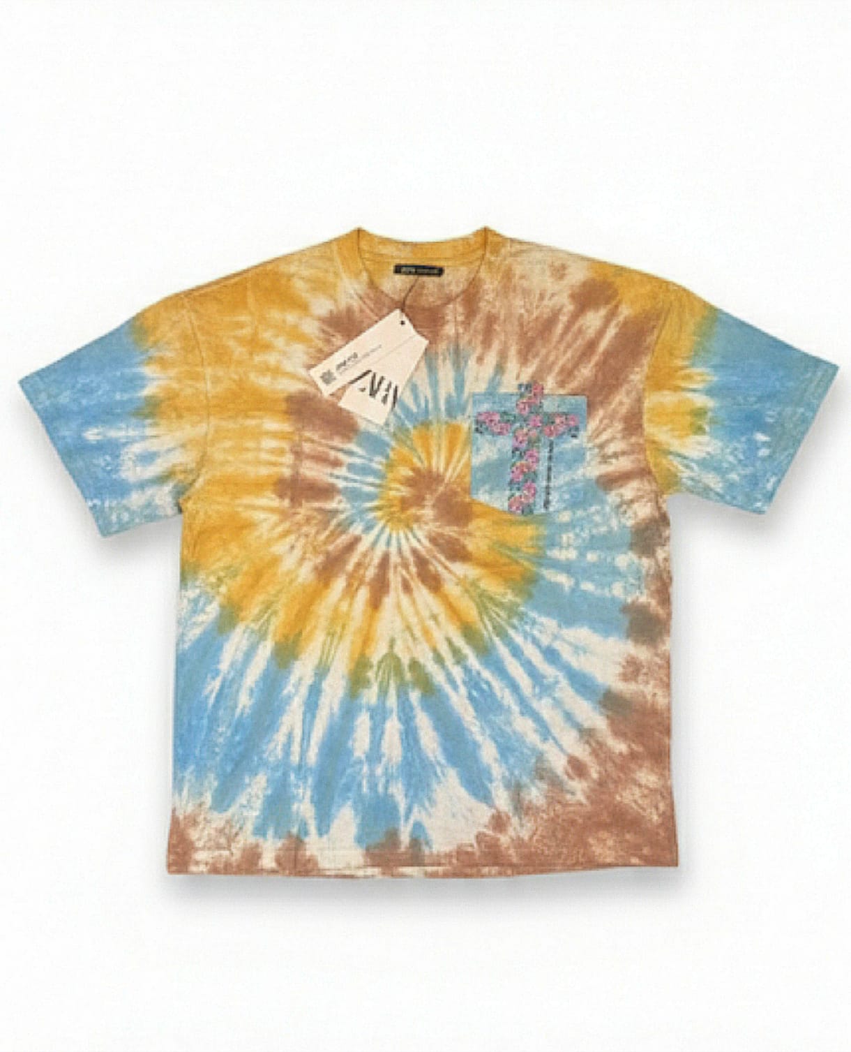 ZARA Men’s Multi-Color Tie-Dye Relaxed Fit Cotton T-Shirt with Floral Cross Pocket Print