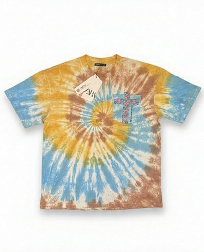ZARA Men’s Multi-Color Tie-Dye Relaxed Fit Cotton T-Shirt with Floral Cross Pocket Print