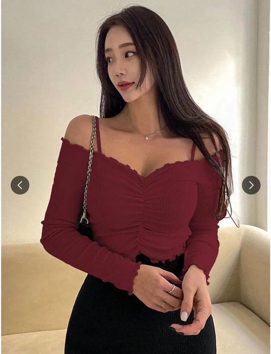Winter- Fall-25 Women Ribbed Off-Shoulder Cold-Shoulder Fitted Crop Top