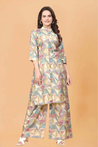 Premium Geometric Print Women's Kurta with Palazzo Set - Stylish Ethnic Wear