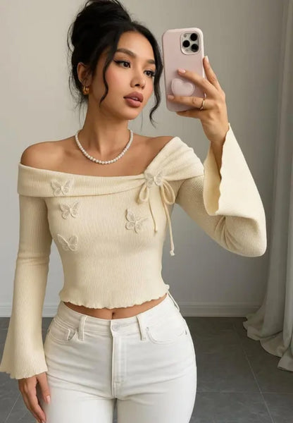 Premium Off-Shoulder Butterfly Embroidery Ribbed Top - Trendy Y2K Aesthetic Wear