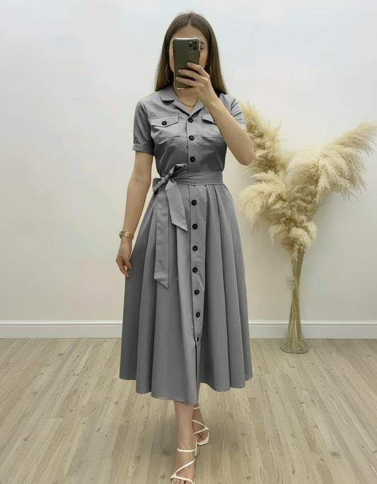 Trendy Half Sleeve Button-Down Midi Dress for Women - Stylish Evening Outfit
