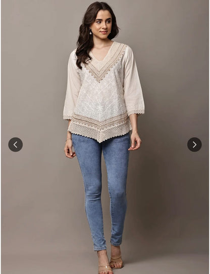 Women's White Cotton Embroidered Lucknowi Chikankari Top - Elegant Boho Tunic