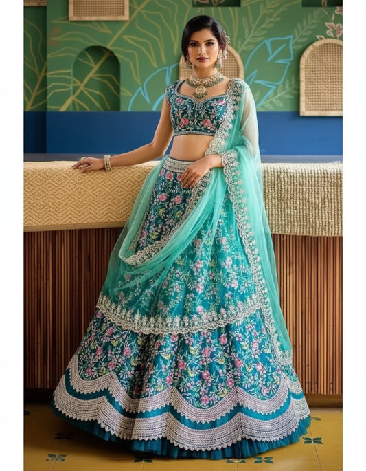 Designer Teal Blue Floral Embroidered Lehenga Choli with Net Dupatta - Bridal & Festive Wear