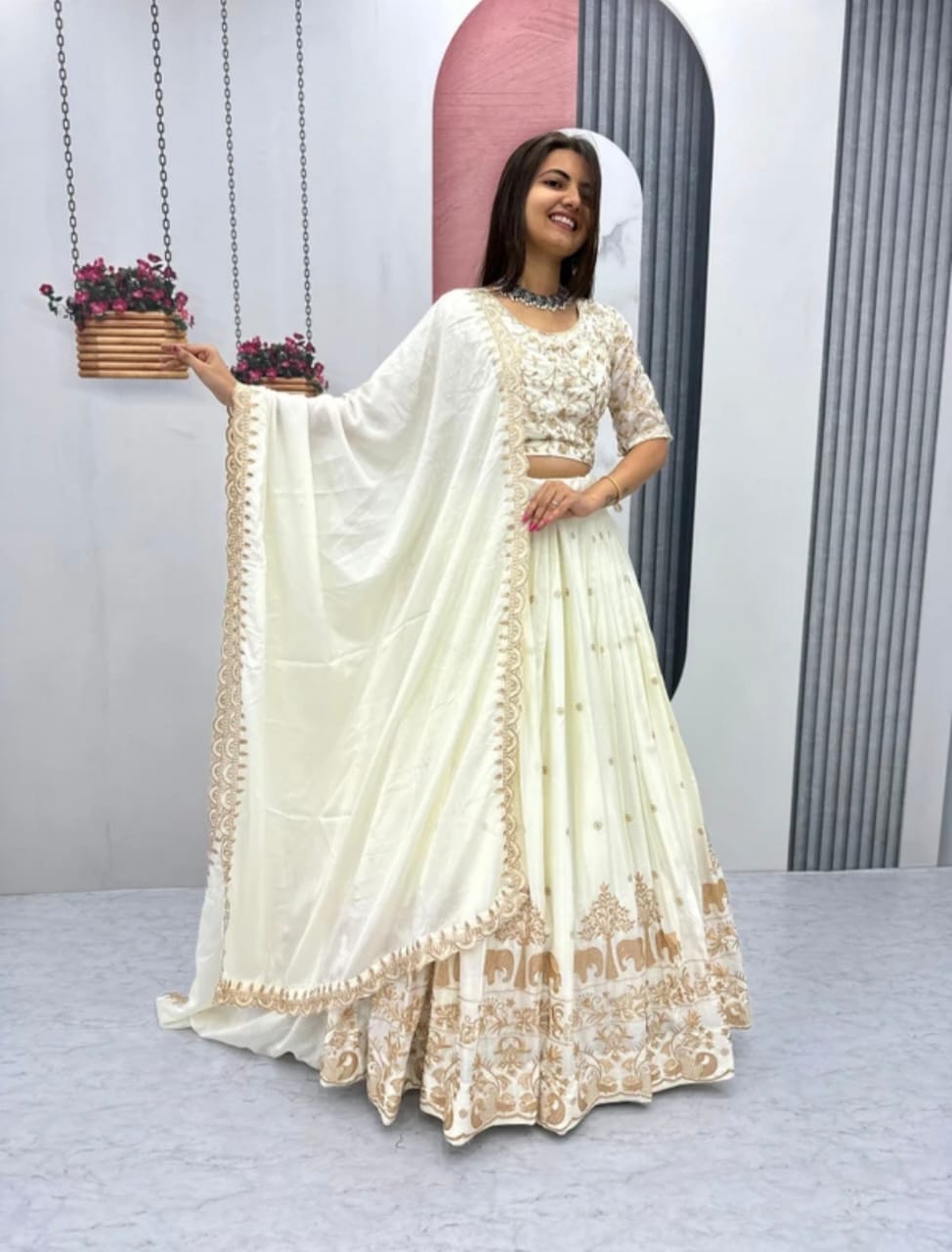 Premium White & Gold Elephant Print Lehenga Choli Set - Traditional Wedding Wear