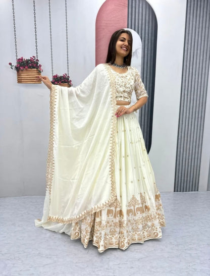 Premium White & Gold Elephant Print Lehenga Choli Set - Traditional Wedding Wear
