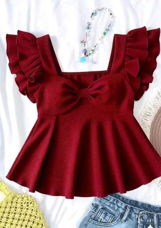 Premium Maroon Ruffle Sleeve Peplum Top - Stylish Sweetheart Neckline Party Wear
