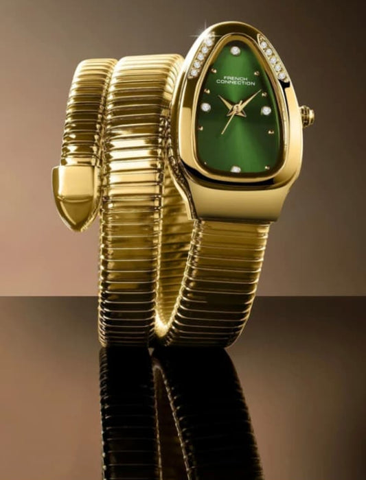 Luxury Snake Pattern Bracelet Watch for Women - Gold-Plated with Emerald Green Dial