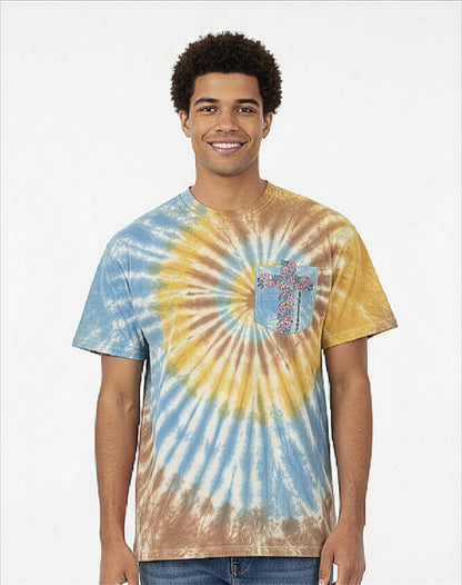 ZARA Men’s Multi-Color Tie-Dye Relaxed Fit Cotton T-Shirt with Floral Cross Pocket Print
