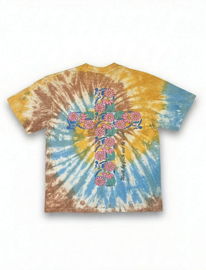 ZARA Men’s Multi-Color Tie-Dye Relaxed Fit Cotton T-Shirt with Floral Cross Pocket Print