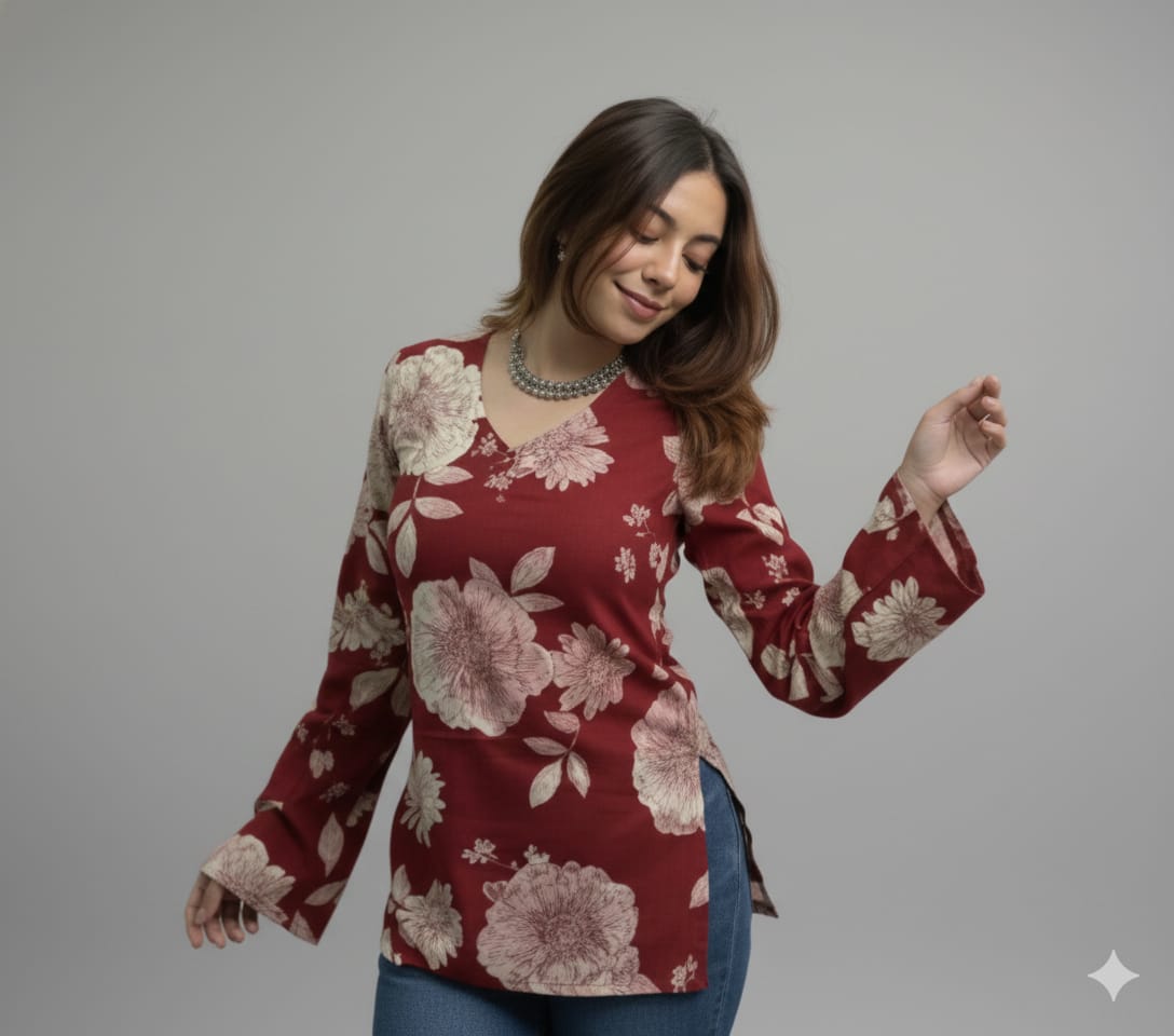 Luxury Deal - Premium Pink Floral Printed Flared Tunic for Women