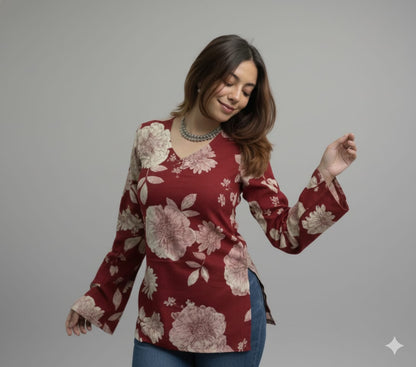 Luxury Deal - Premium Pink Floral Printed Flared Tunic for Women