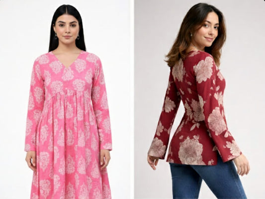 Luxury Deal - Premium Pink Floral Printed Flared Tunic for Women