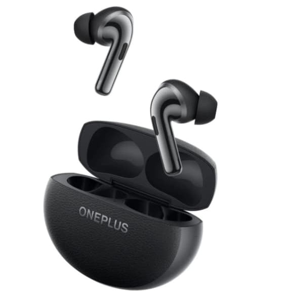 Black OnePlus wireless earbuds with charging case on a white background