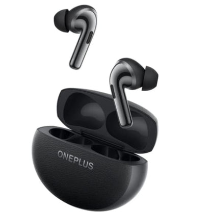 Black OnePlus wireless earbuds with charging case on a white background