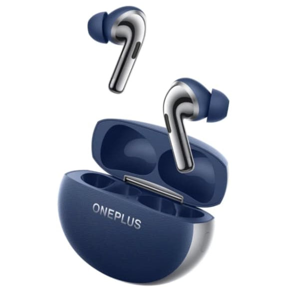 Blue OnePlus wireless earbuds with charging case on a white background