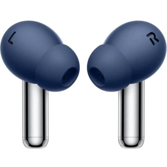 Blue wireless earbuds on a white background