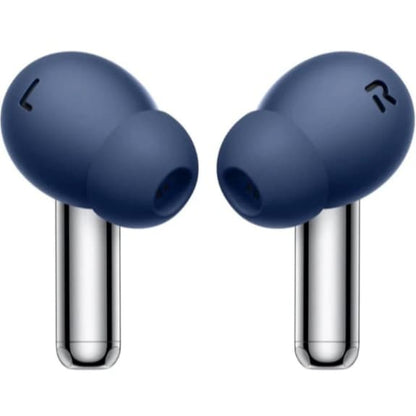 Blue wireless earbuds on a white background