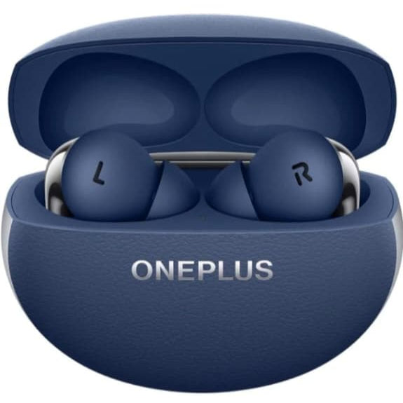Blue OnePlus wireless earbuds in a case on a white background