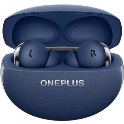 Blue OnePlus wireless earbuds in a case on a white background