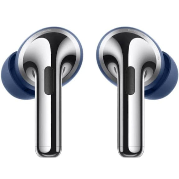 Chrome wireless earbuds on a white background