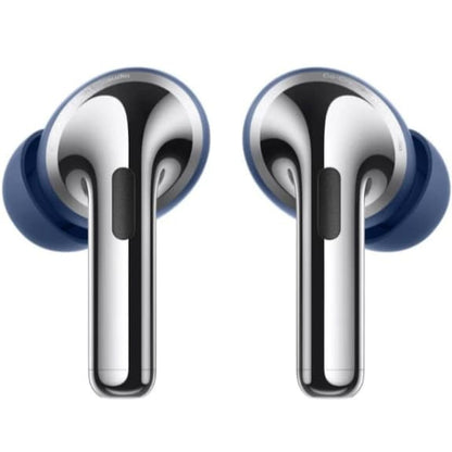 Chrome wireless earbuds on a white background