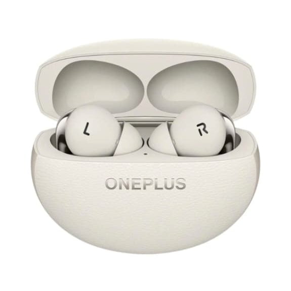 OnePlus wireless earbuds in a white case on a light gray background