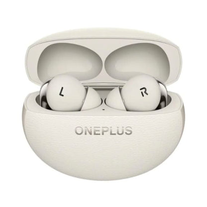 OnePlus wireless earbuds in a white case on a light gray background