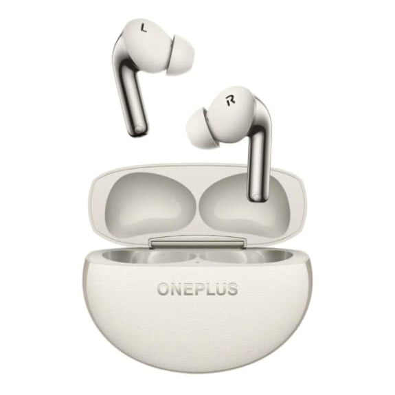 OnePlus wireless earbuds with charging case on a white background