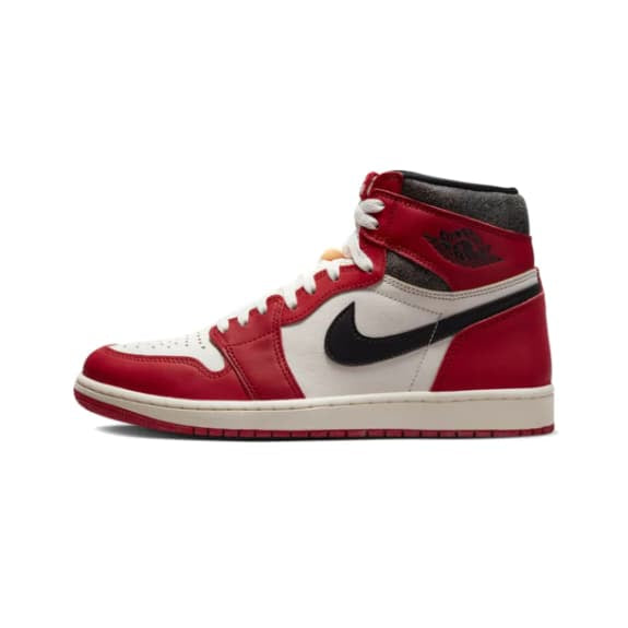 Red and white sneaker with black swoosh logo on a white background